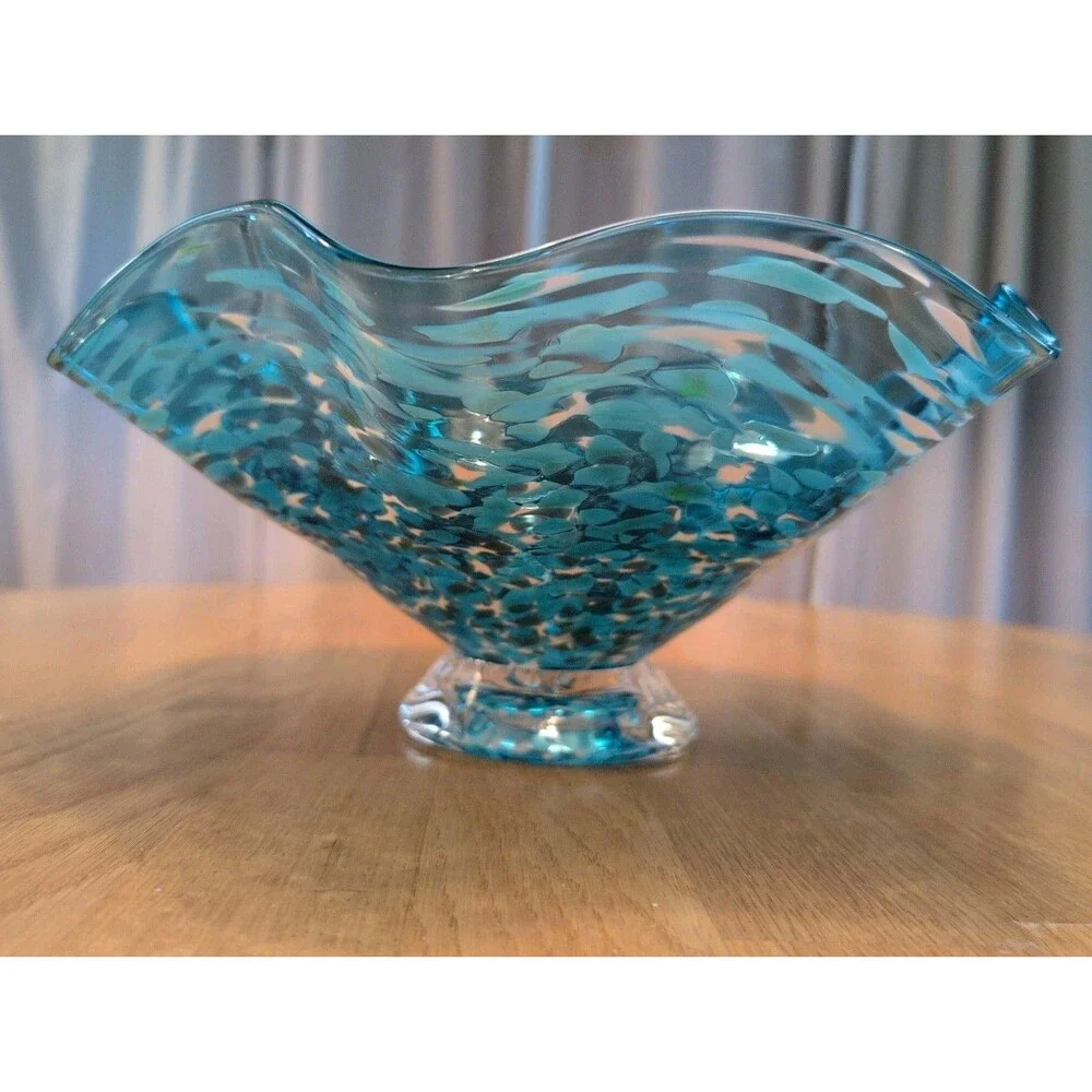 Vtg Blown Art Glass Blue White Confetti Floppy Bowl Handkerchief Ruffle 12